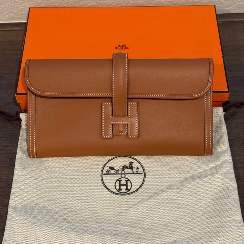 Hermes Jige Elan 29 Gold Clutch Bag Evercolor Swift Calfskin Leather *FULL SET*